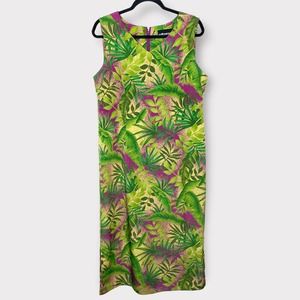 Sag Harbor pink & green tropical leaf print long v neck sleeveless dress size 14